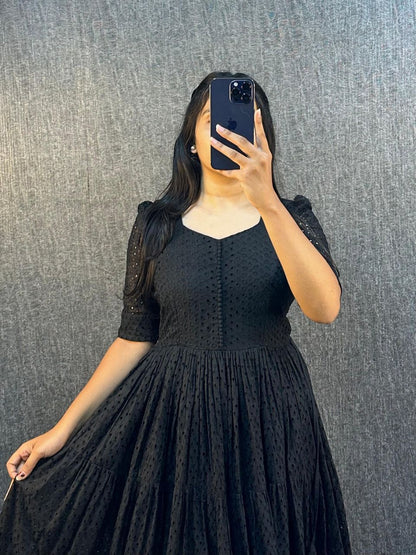 Black Eyelet Cotton Midi Dress