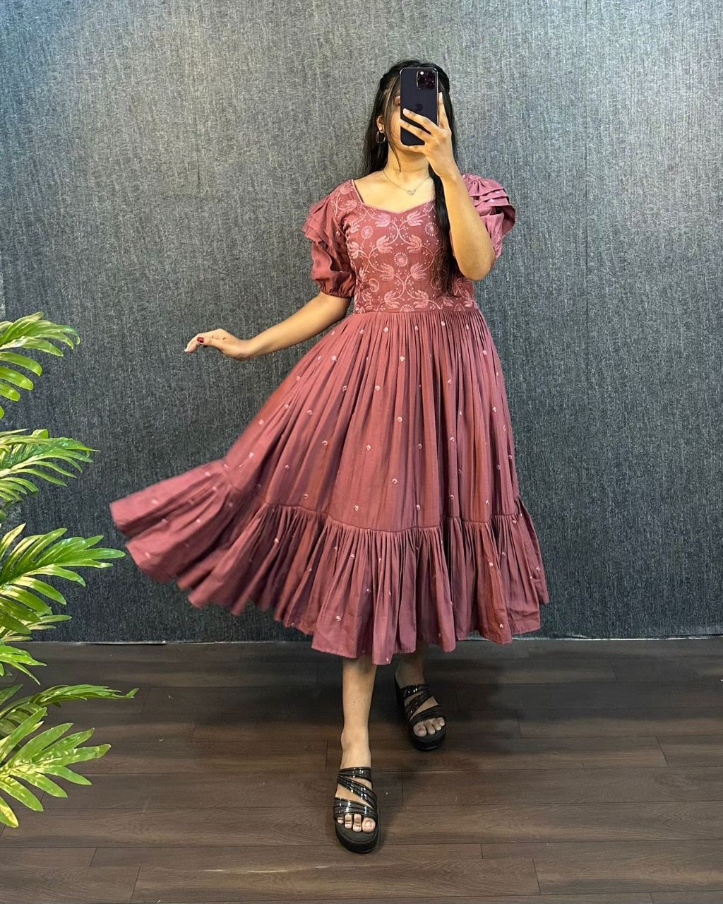 Rose Pink Embroidered Pleated Sleeve Flared Midi Dress