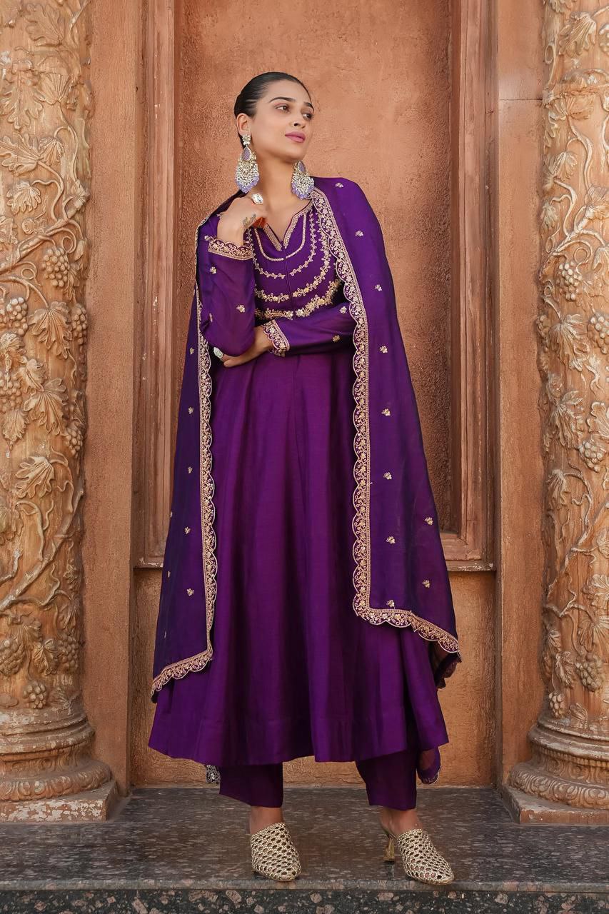 Purple Embroidered Anarkali Kurta Set with Dupatta