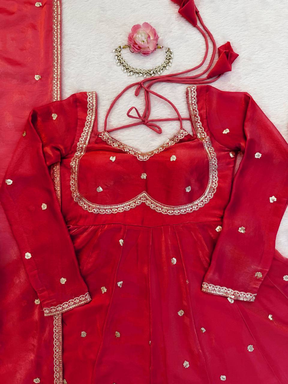 Red Mirror Work Anarkali Suit