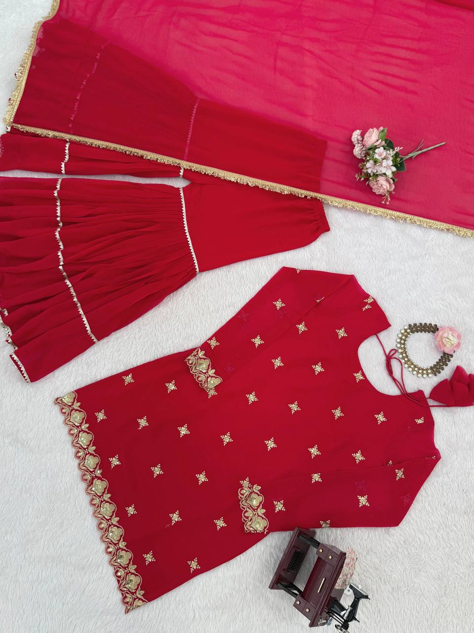 Red Embellished Sharara Suit
