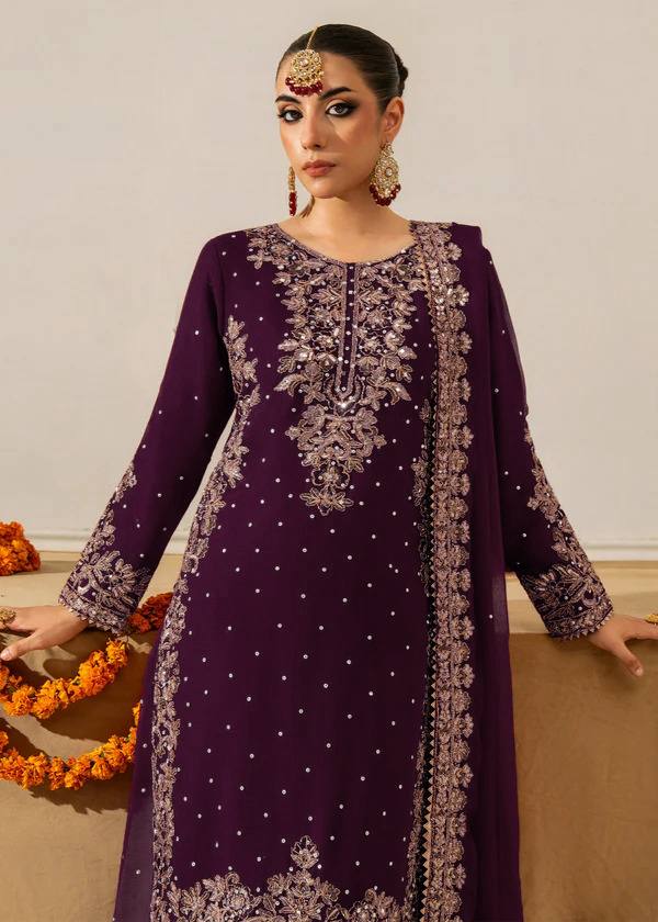 Deep Purple Embellished Long Kurta with Sharara and Dupatta