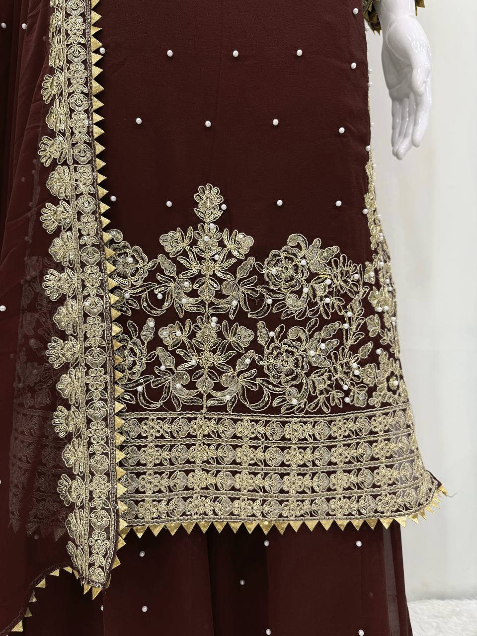 Deep Maroon Embellished Long Kurta with Sharara and Dupatta