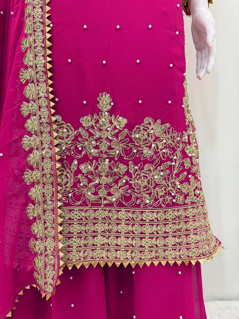 Fuchsia Embellished Long Kurta with Sharara and Dupatta