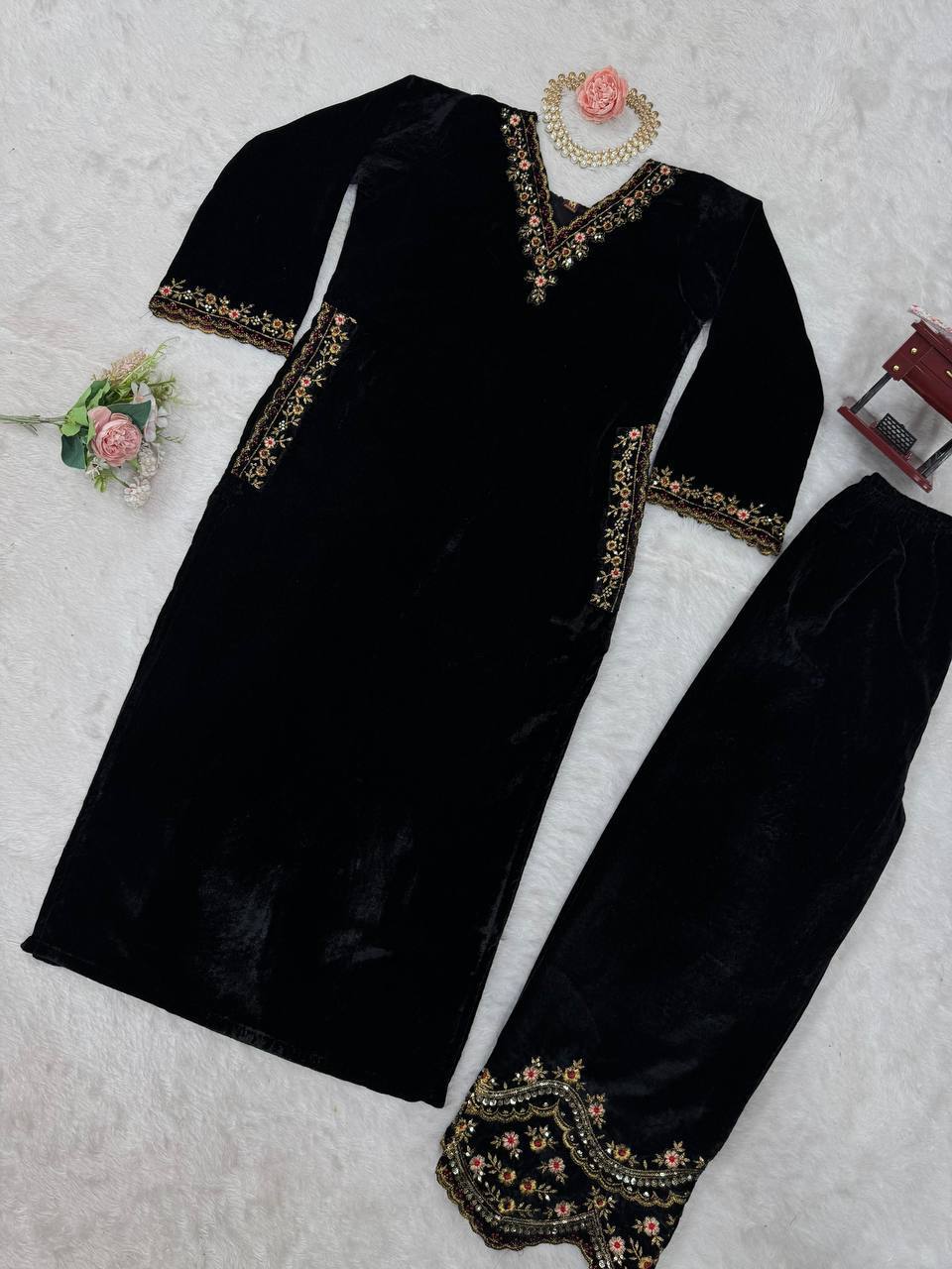 Black Velvet Embroidered Kurta Set