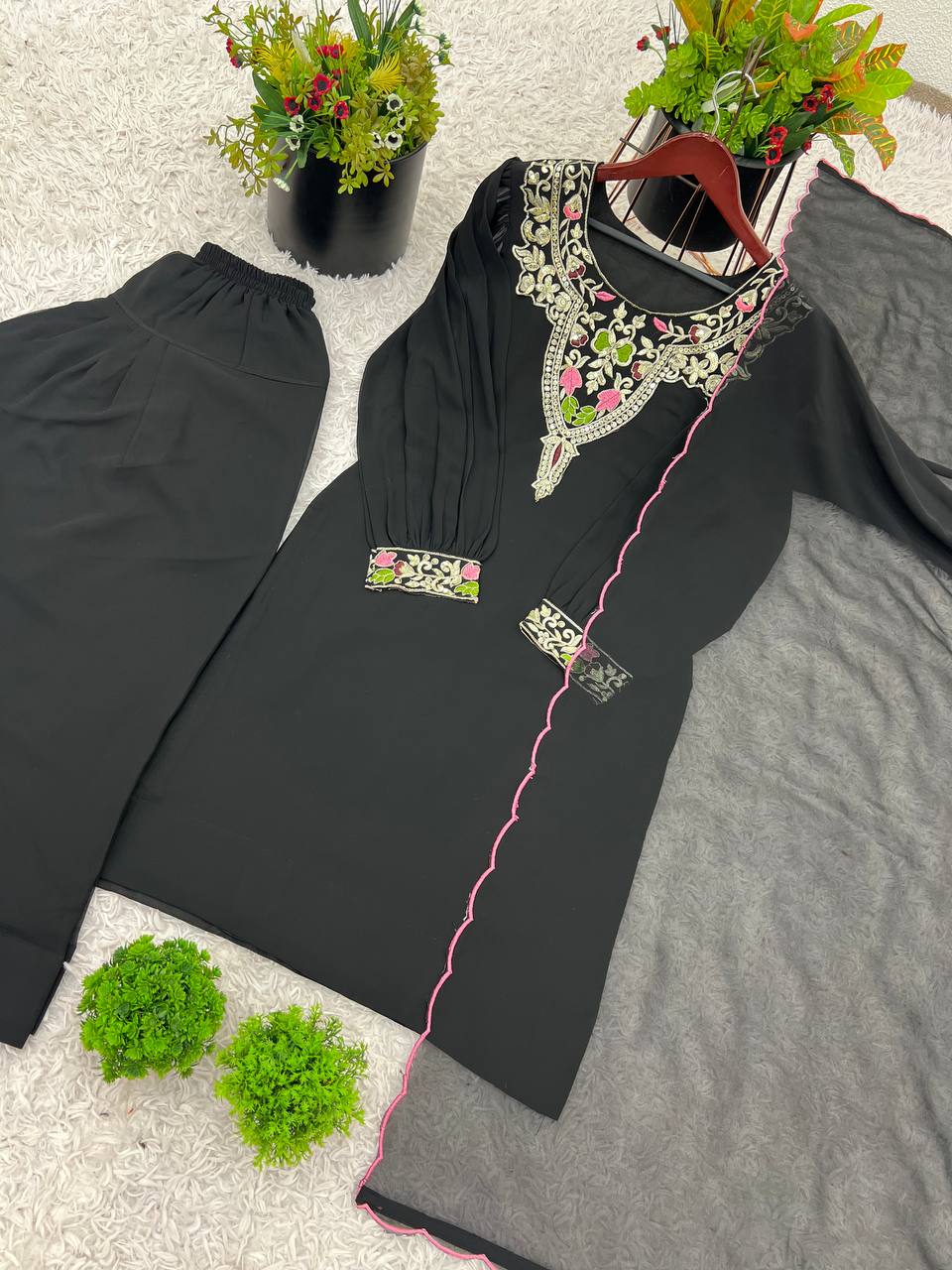 Black straight-cut embroidered suit with dhoti pants and contrast-edge dupatta