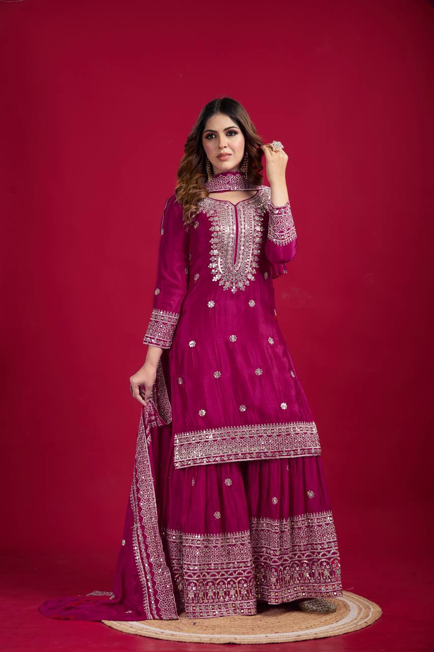 Magenta heavy embroidered silk Anarkali set with palazzo and dupatta