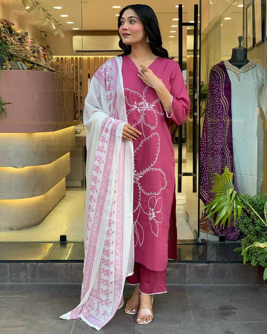 Magenta Cotton Embroidered Kurta with Printed Dupatta & Pants Set