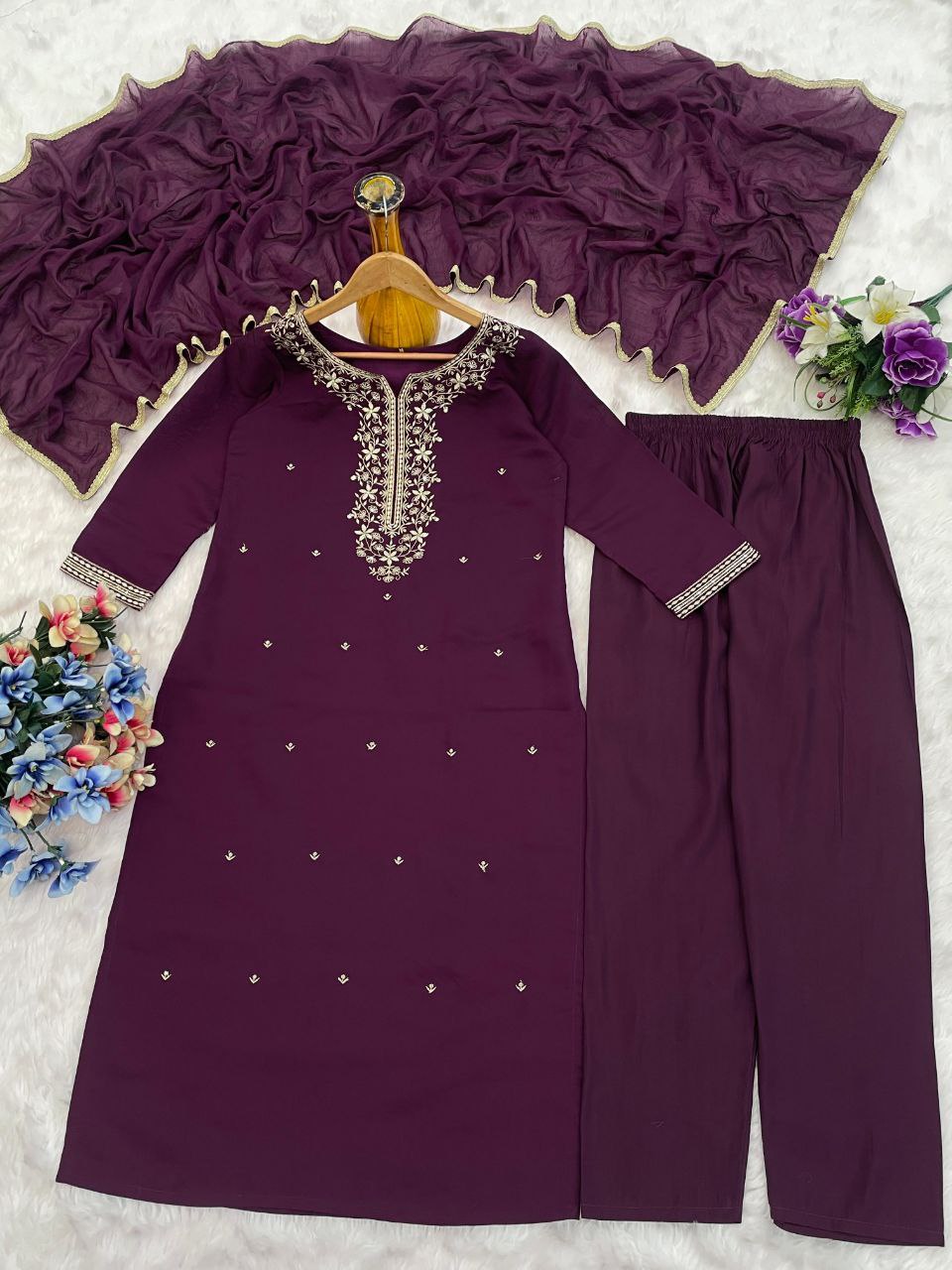 Purple Embroidered Kurta Set with Dupatta