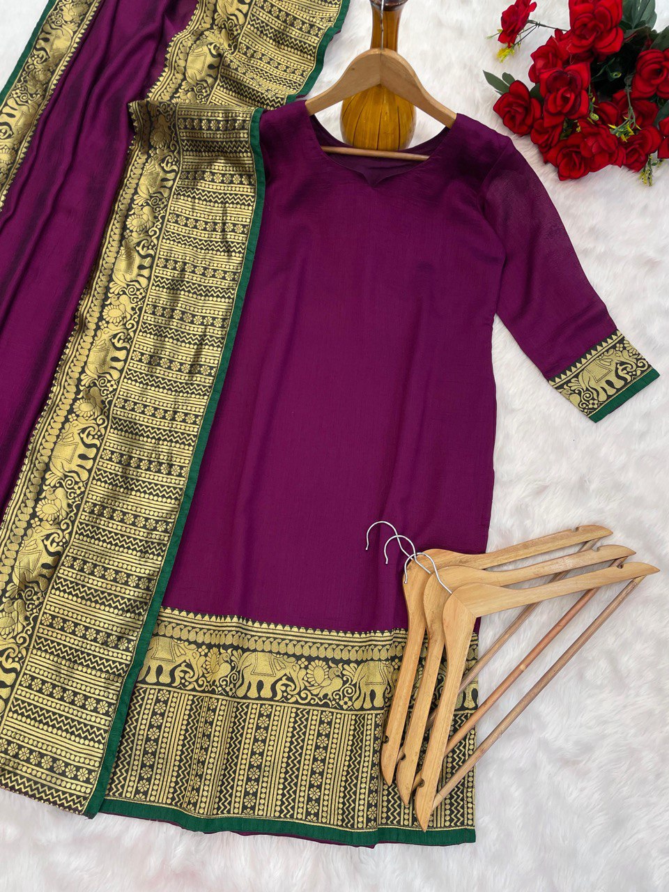 Magenta Ethnic Kurta Set with Dupatta