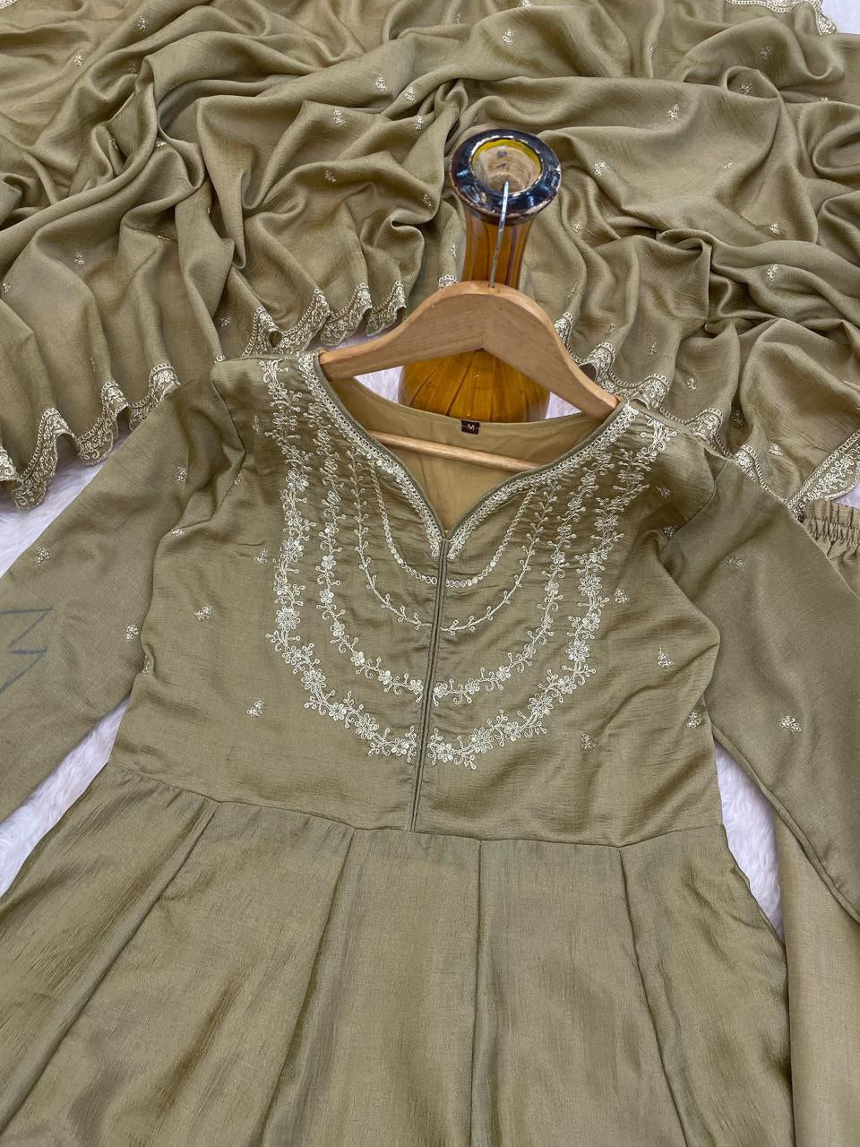 Olive Green Embroidered Anarkali Kurta Set with Dupatta