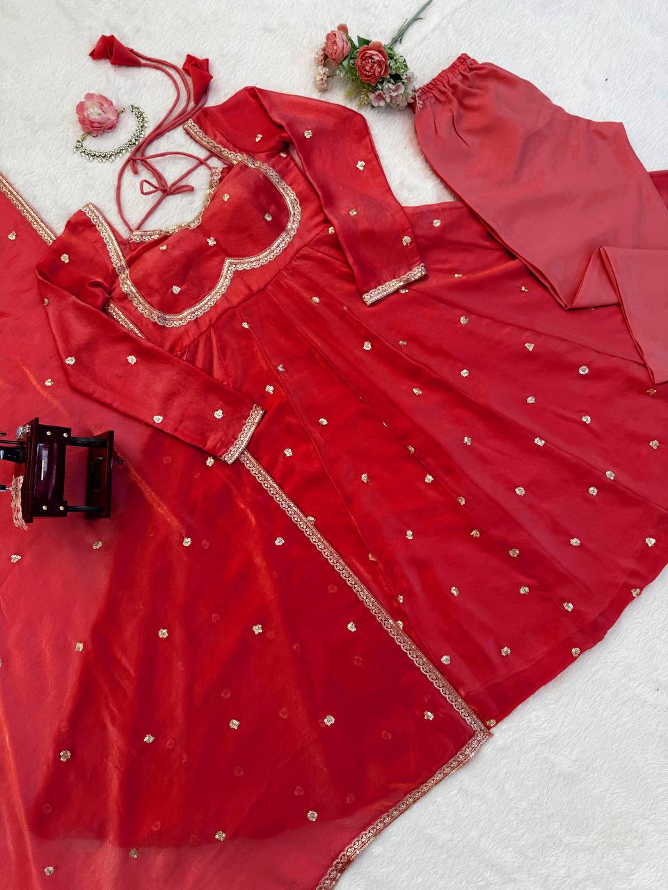 Red Mirror Work Anarkali Suit