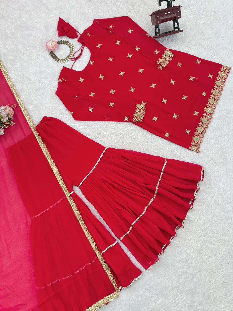 Red Embellished Sharara Suit