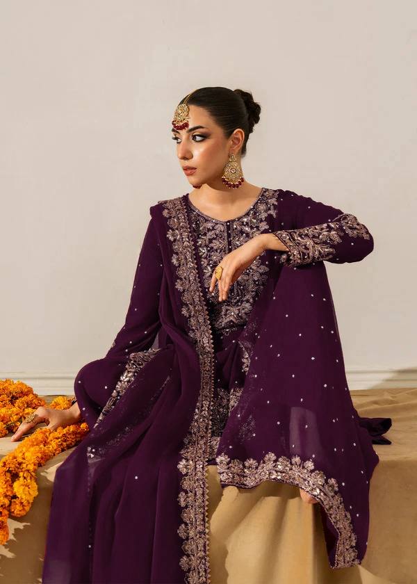 Deep Purple Embellished Long Kurta with Sharara and Dupatta