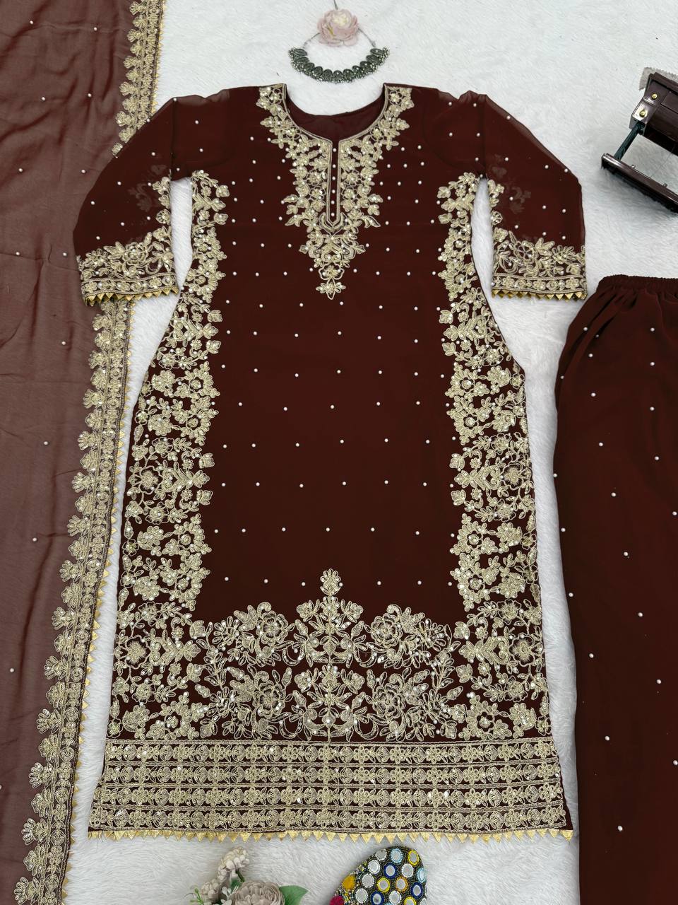 Deep Maroon Embellished Long Kurta with Sharara and Dupatta