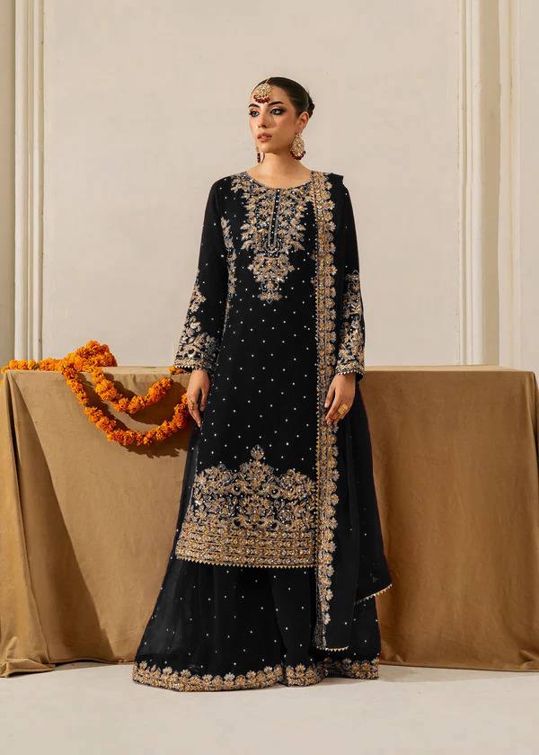 Black Embellished Long Kurta with Sharara and Dupatta