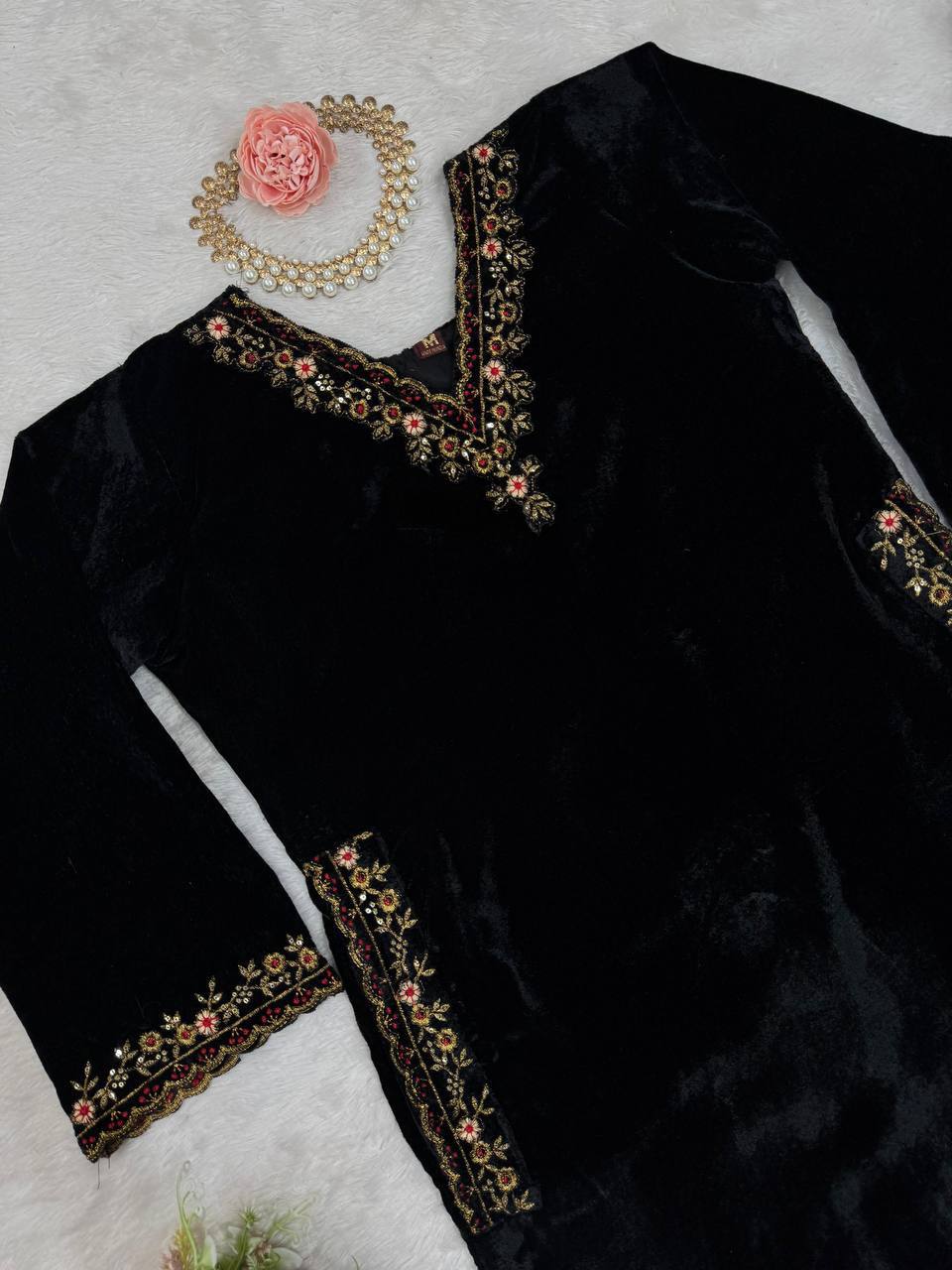 Black Velvet Embroidered Kurta Set