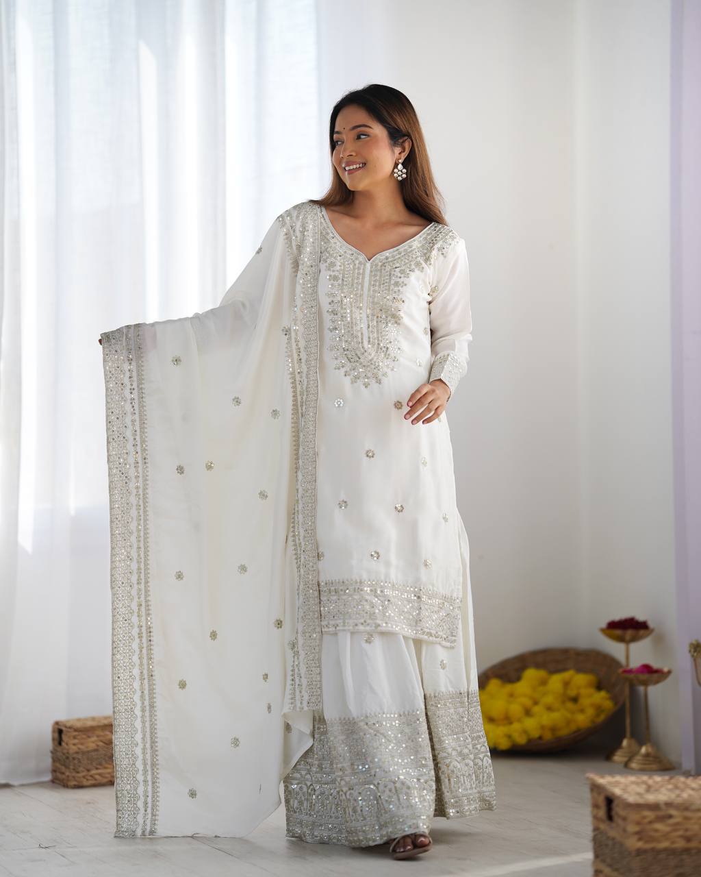 White heavy embroidered silk Anarkali set with matching dupatta