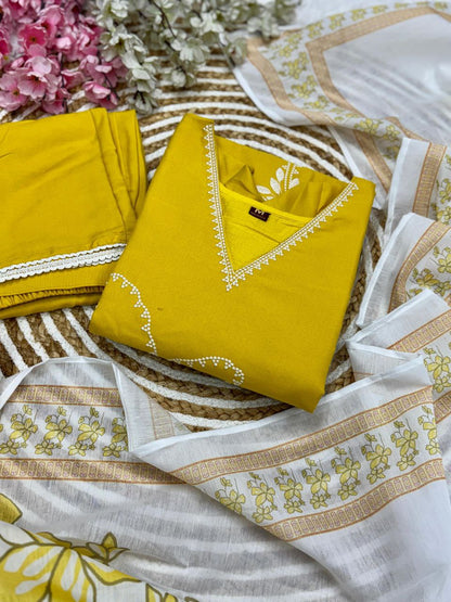 Mustard Yellow Cotton Kurti Set with White Dupatta
