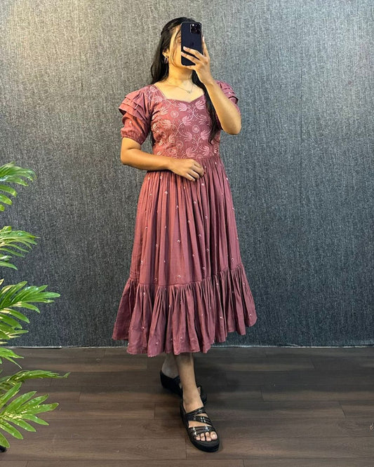 Rose Pink Embroidered Pleated Sleeve Flared Midi Dress