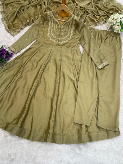 Olive Green Embroidered Anarkali Kurta Set with Dupatta