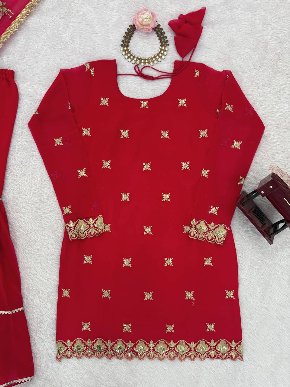 Red Embellished Sharara Suit