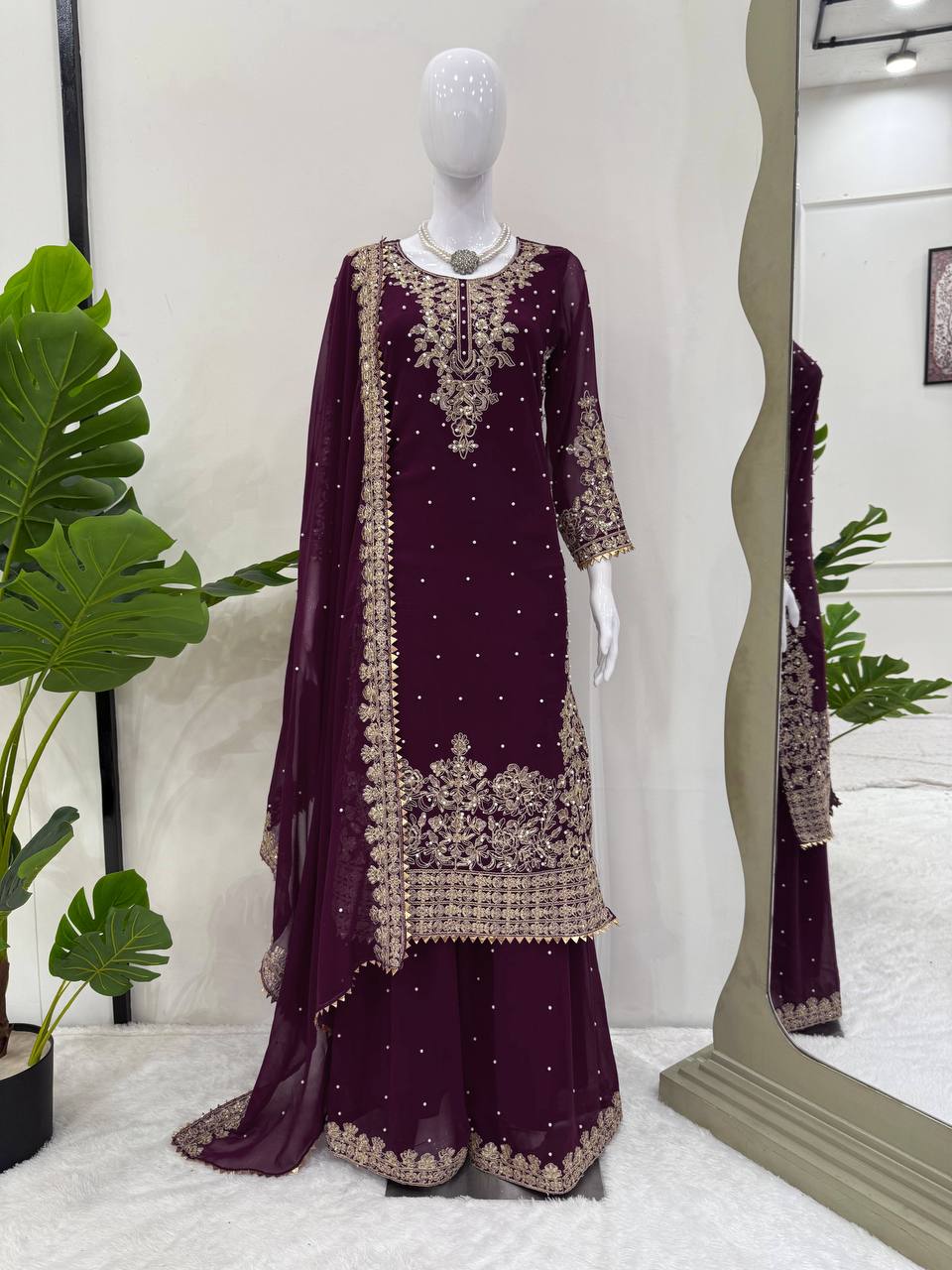 Deep Purple Embellished Long Kurta with Sharara and Dupatta