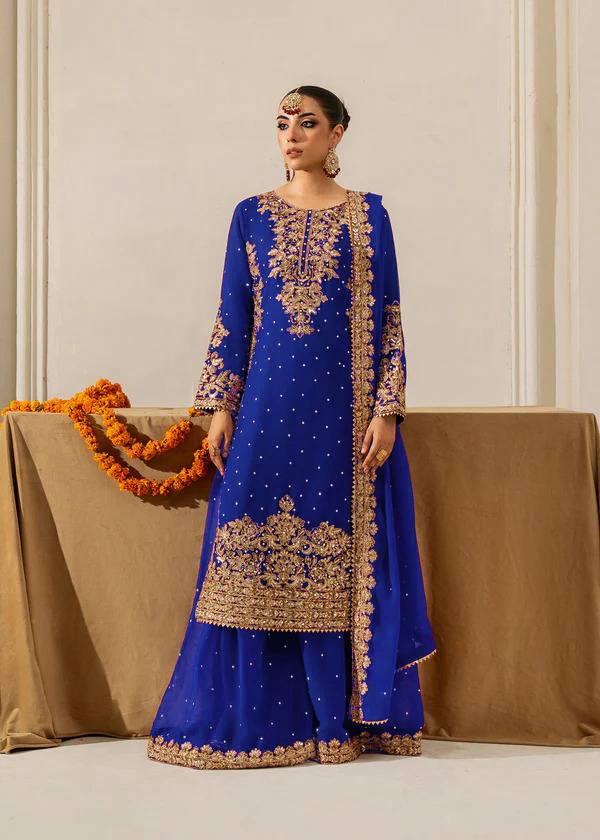 Blue Embellished Long Kurta with Sharara and Dupatta