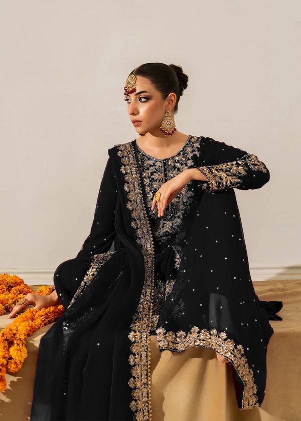 Black Embellished Long Kurta with Sharara and Dupatta