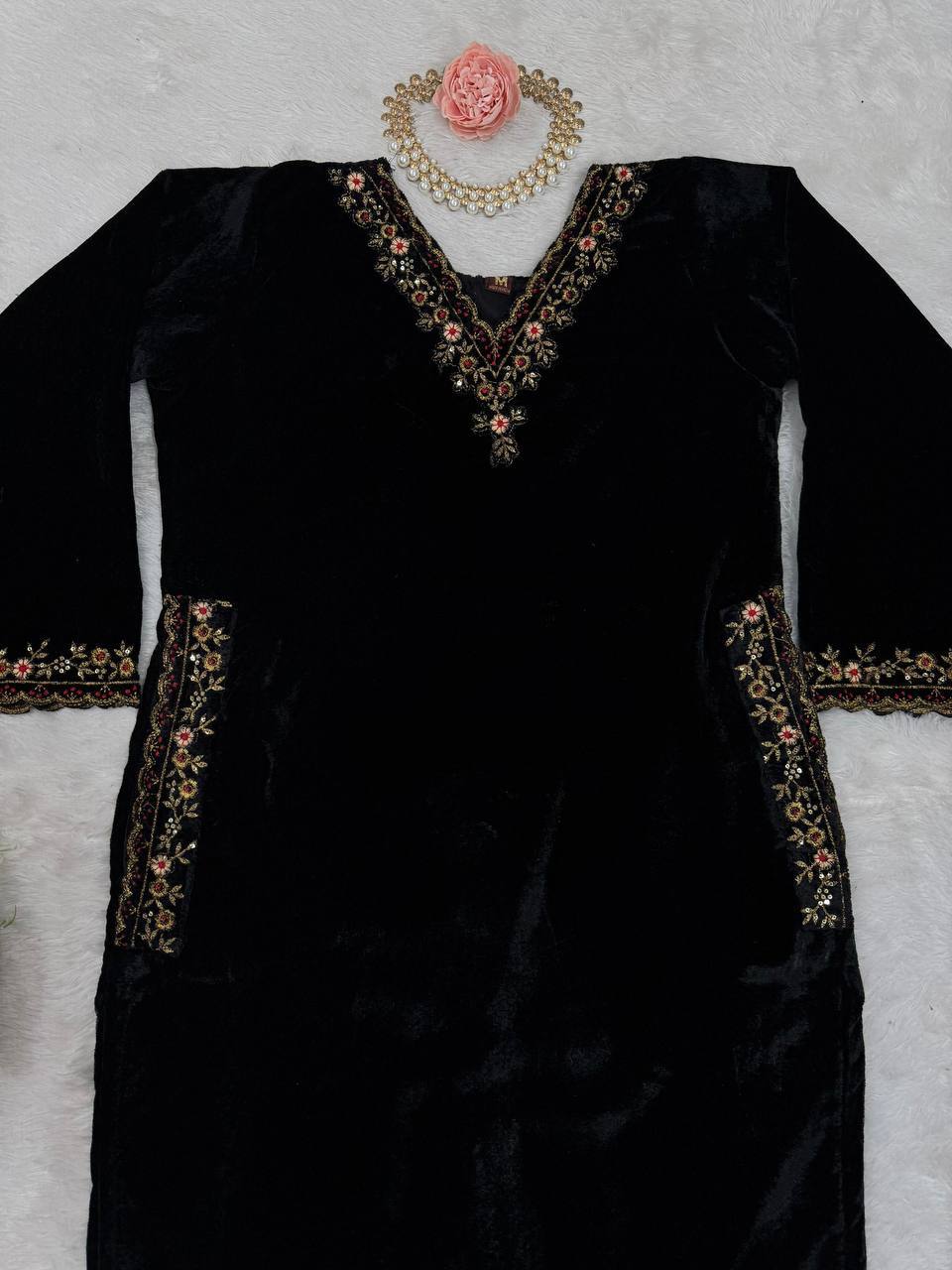 Black Velvet Embroidered Kurta Set