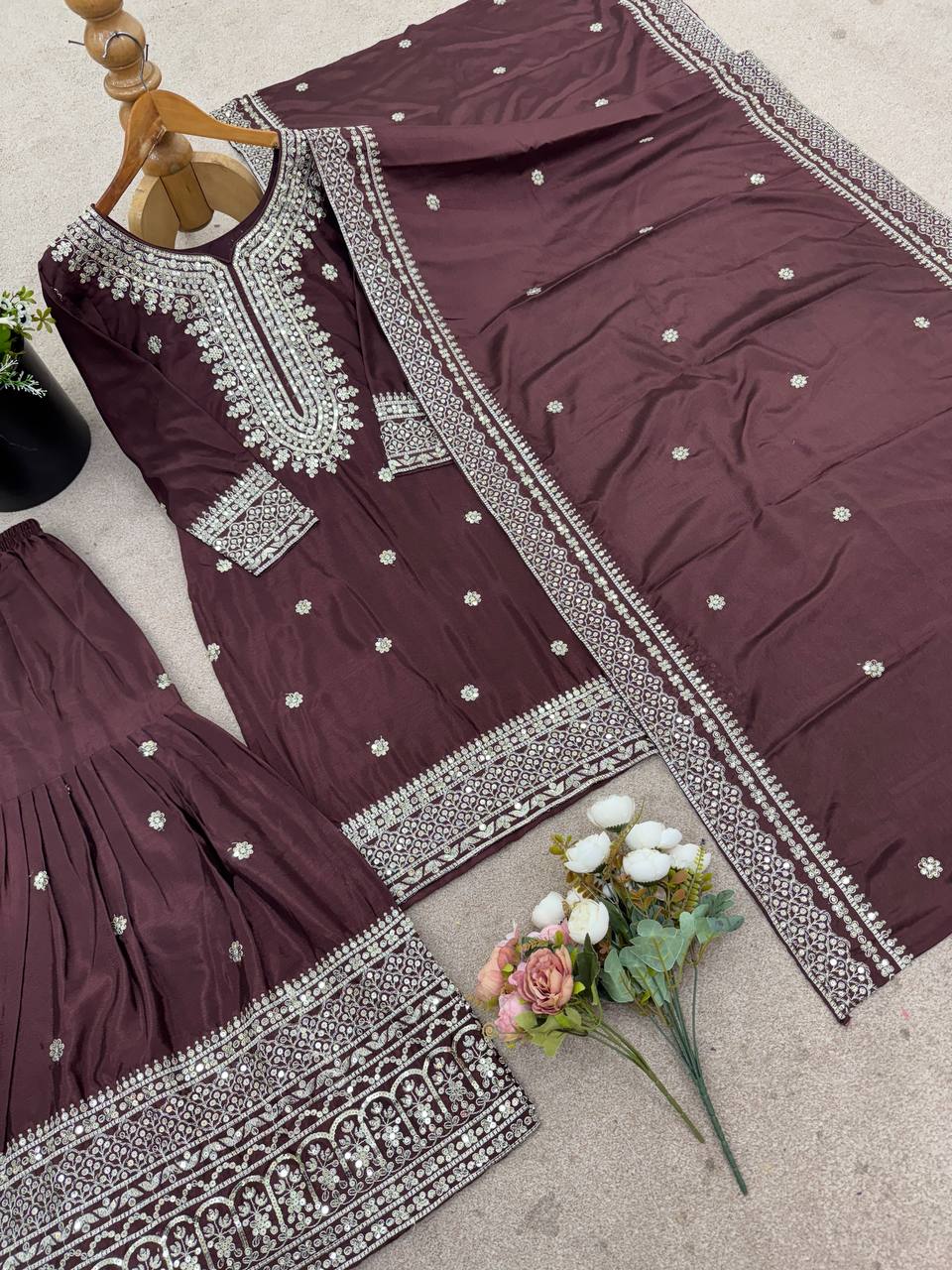 Deep purple heavy embroidered silk Anarkali set with matching dupatta