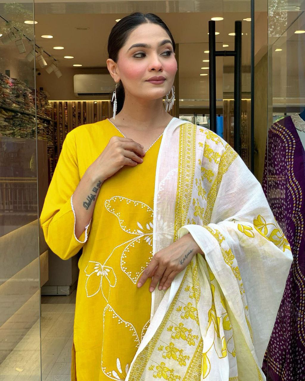 Mustard Yellow Cotton Kurti Set with White Dupatta
