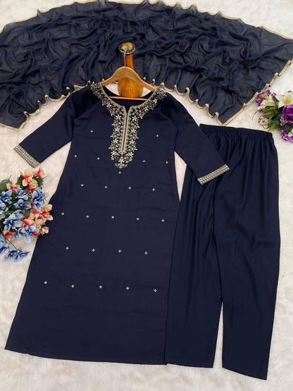 Navy Blue Embroidered Kurta Set with Dupatta