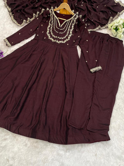Maroon Embroidered Anarkali Kurta Set with Dupatta