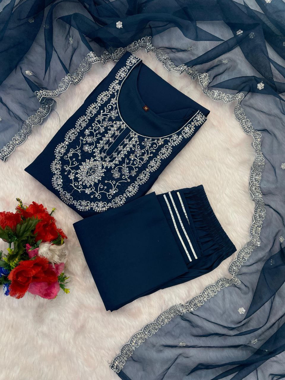 Navy Blue Embroidered Kurta Set with Pants and Dupatta