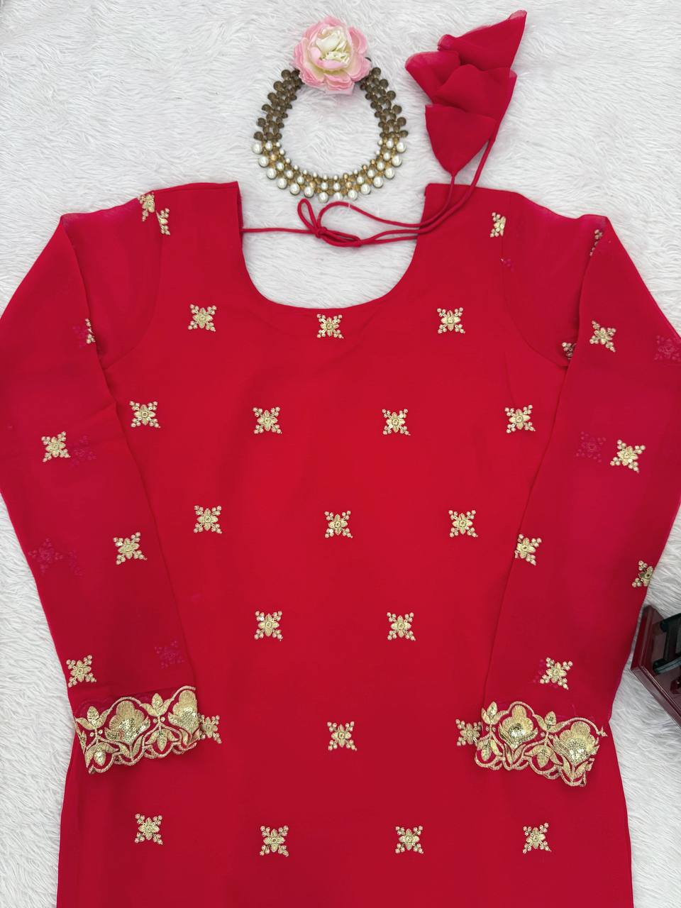Red Embellished Sharara Suit