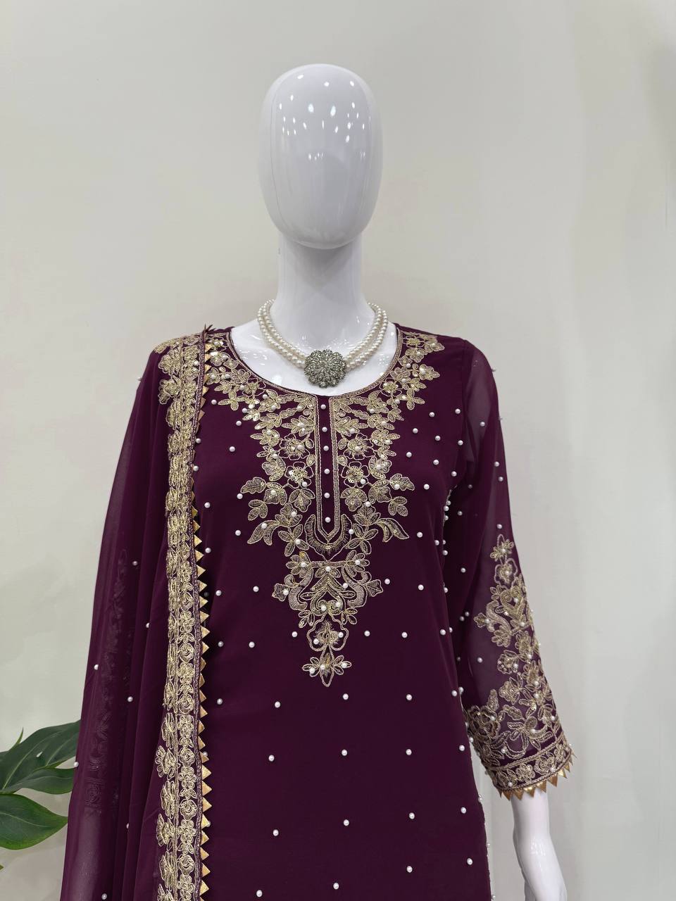 Deep Purple Embellished Long Kurta with Sharara and Dupatta