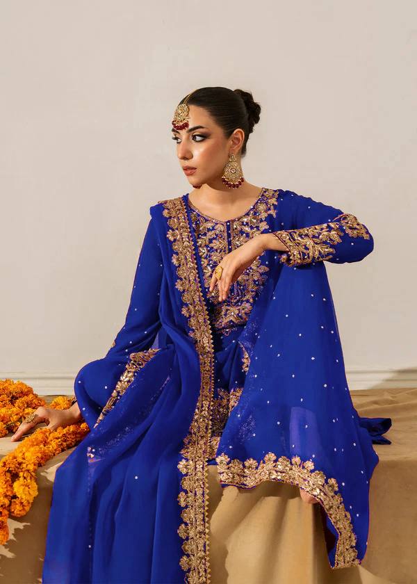 Blue Embellished Long Kurta with Sharara and Dupatta