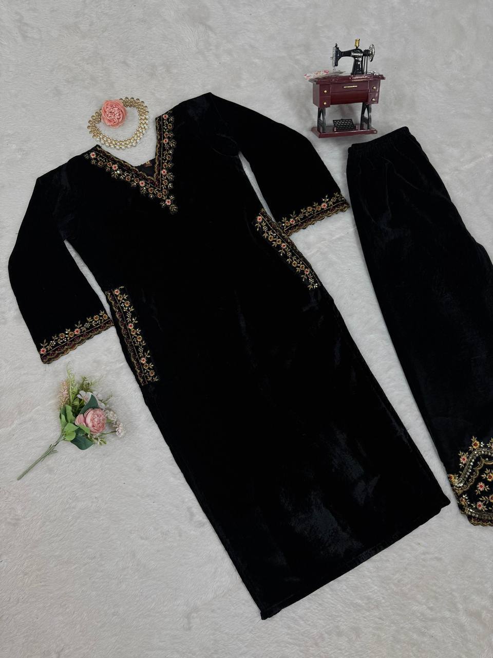 Black Velvet Embroidered Kurta Set