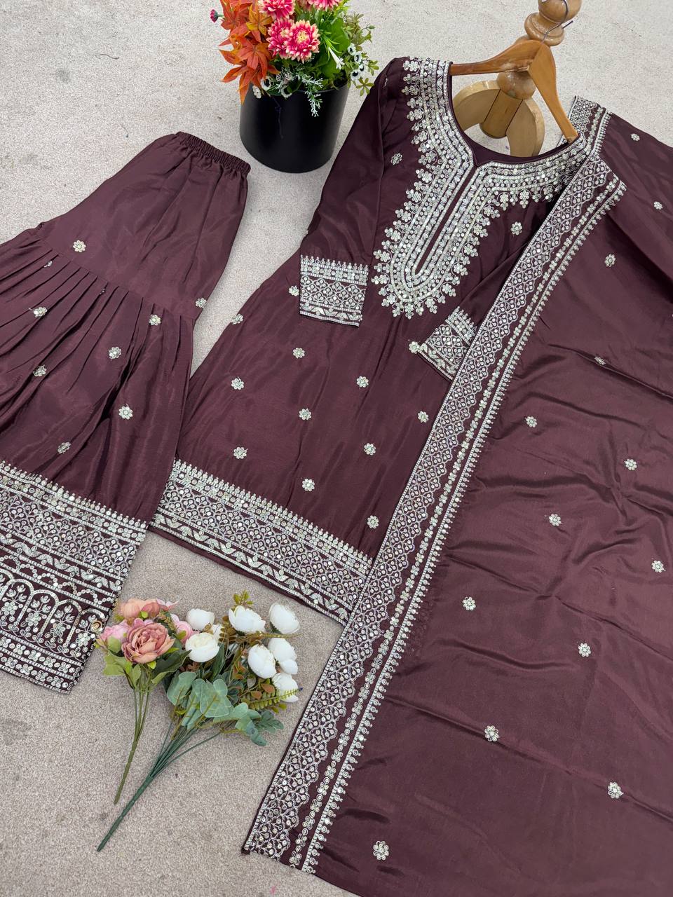 Deep purple heavy embroidered silk Anarkali set with matching dupatta