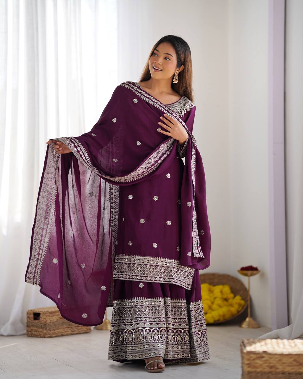 Deep purple heavy embroidered silk Anarkali set with matching dupatta