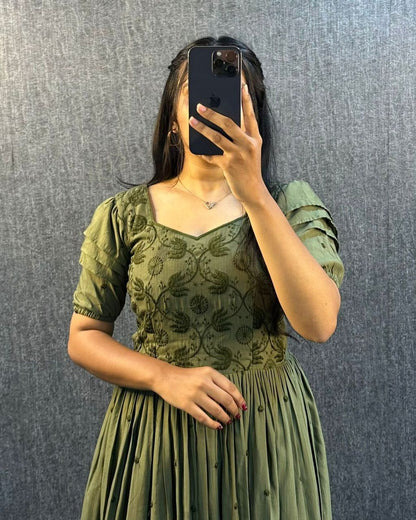Olive Green Embroidered Flared Midi Dress
