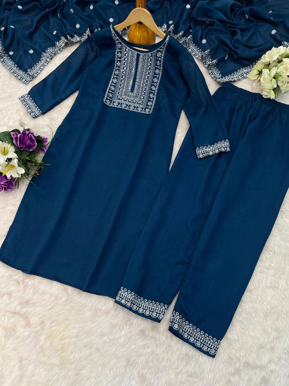 teal blue embroidered salwar suit set
