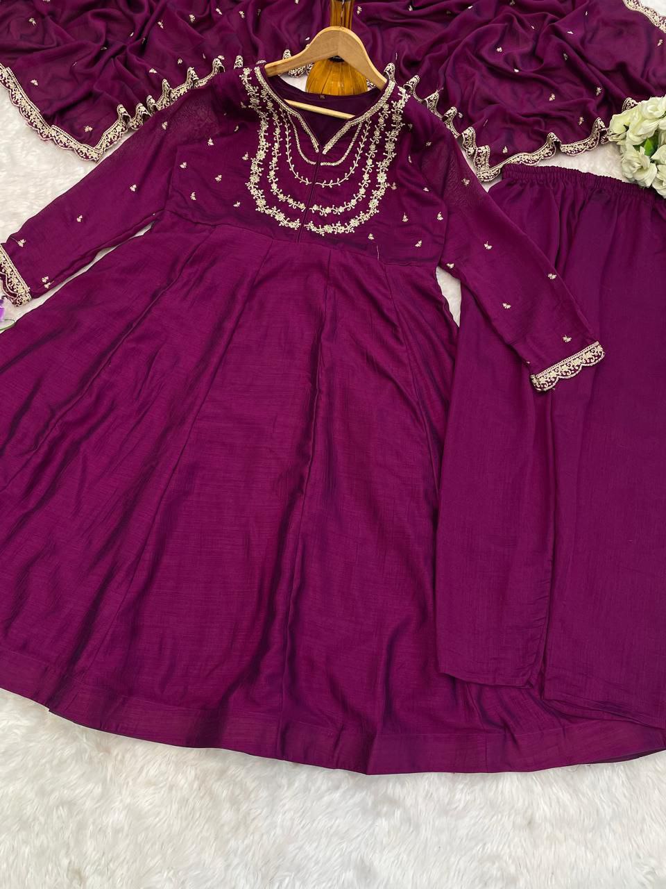 Purple Embroidered Anarkali Kurta Set with Dupatta