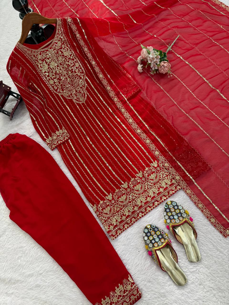 Red Embroidered Straight Suit Set