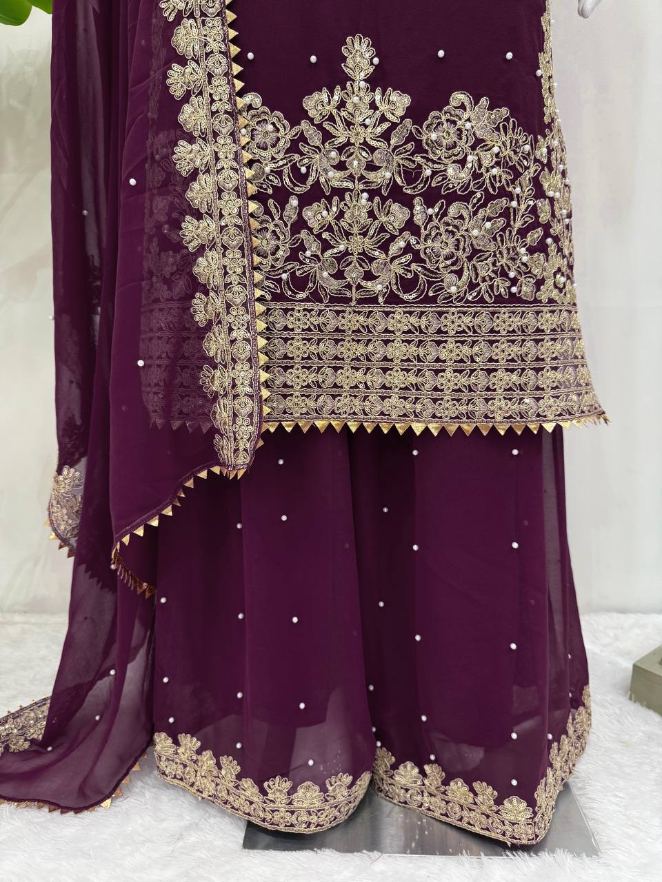Deep Purple Embellished Long Kurta with Sharara and Dupatta