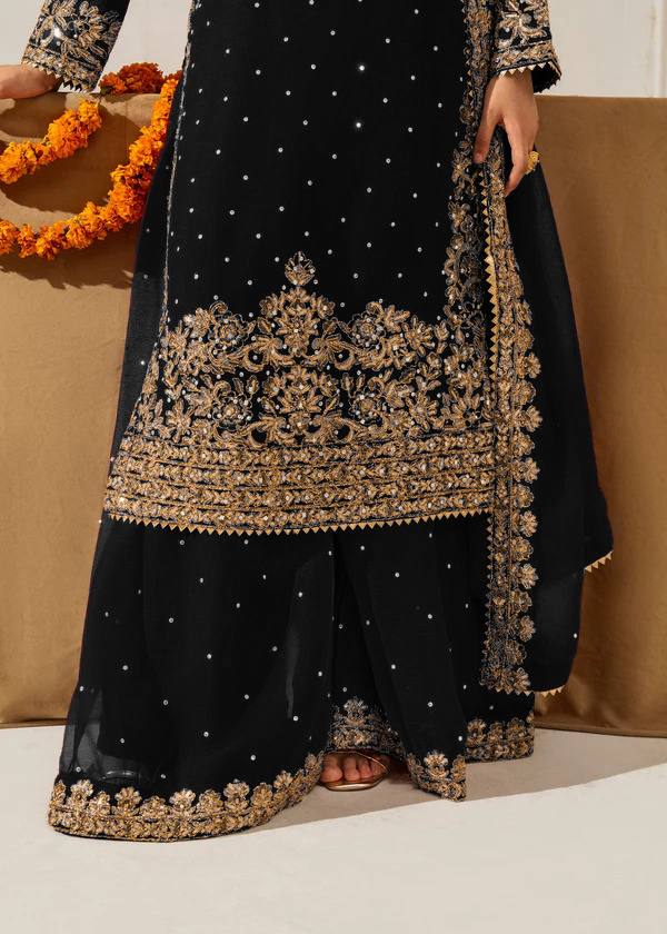 Black Embellished Long Kurta with Sharara and Dupatta