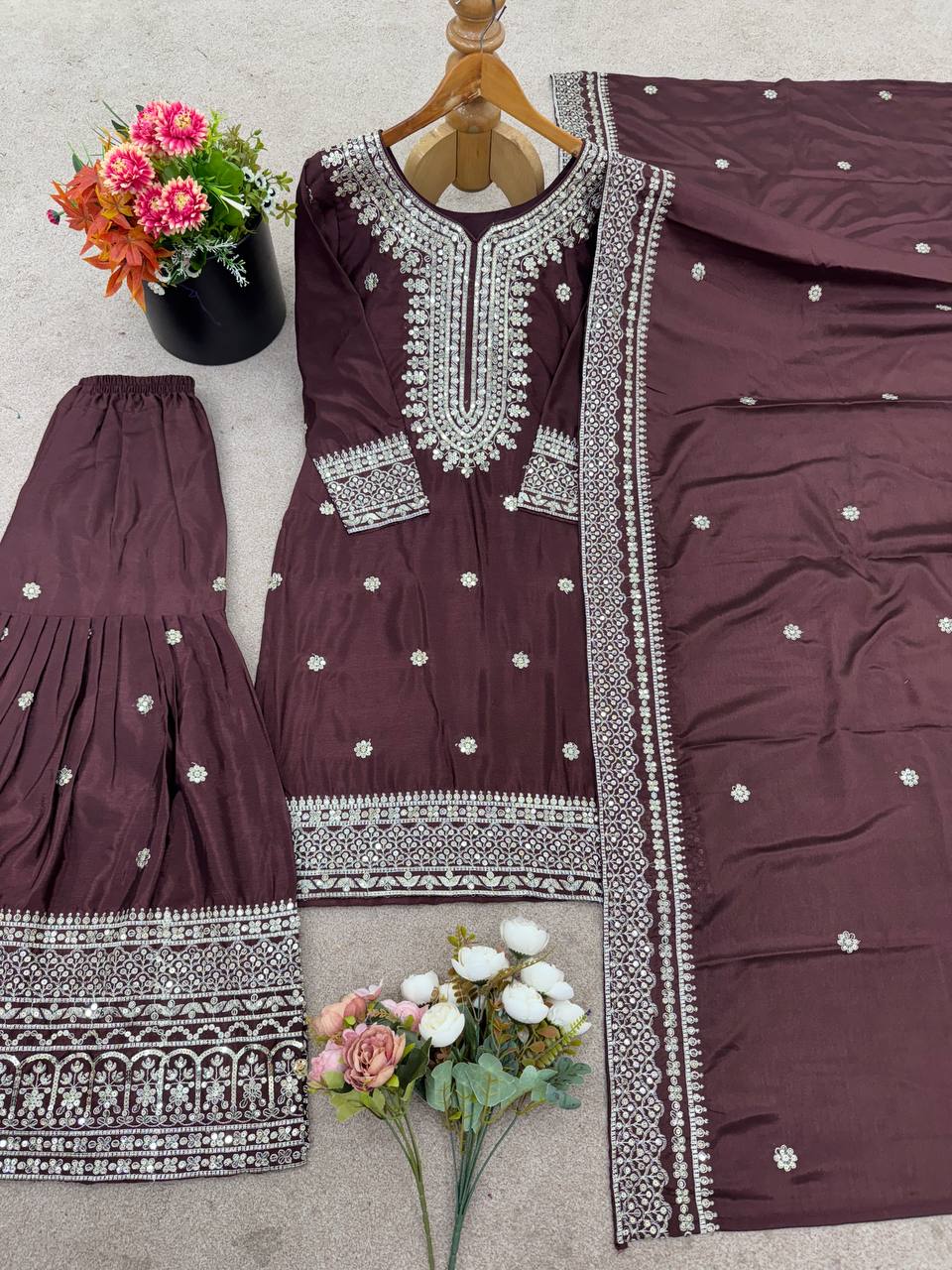 Deep purple heavy embroidered silk Anarkali set with matching dupatta