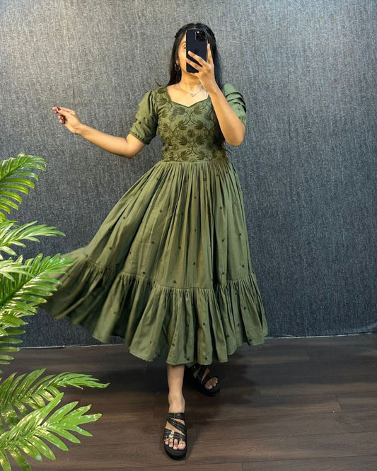 Olive Green Embroidered Flared Midi Dress