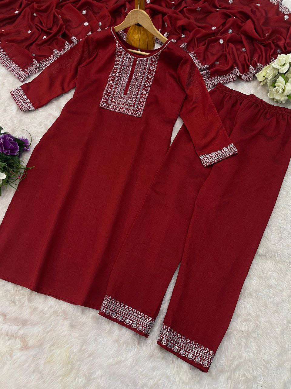 maroon embroidered salwar suit set (3-piece set)